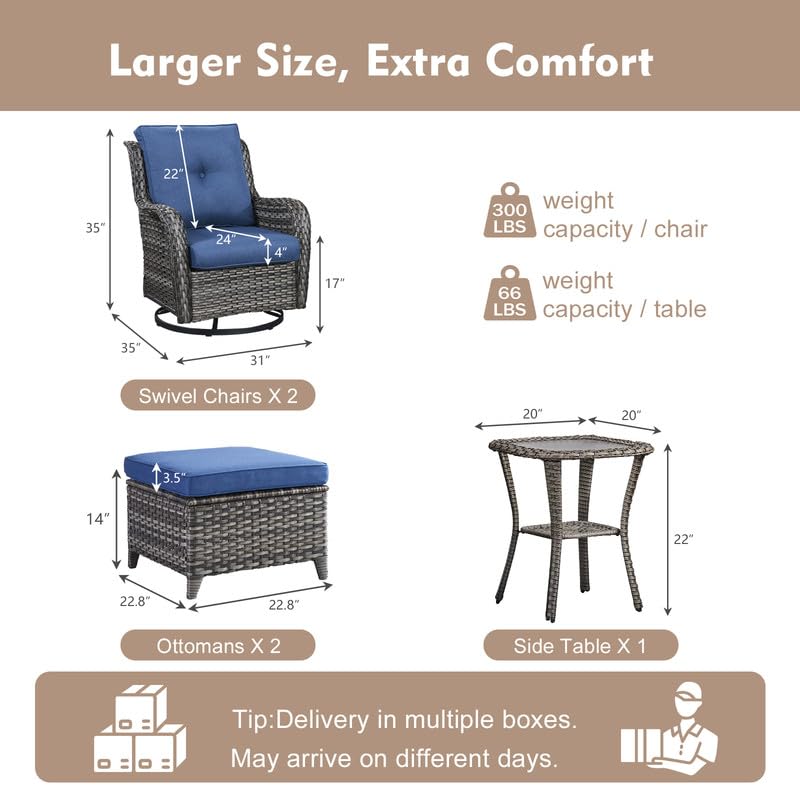 5 Pieces Outdoor Wicker Patio Furniture Set with Ottoman Blue V890542