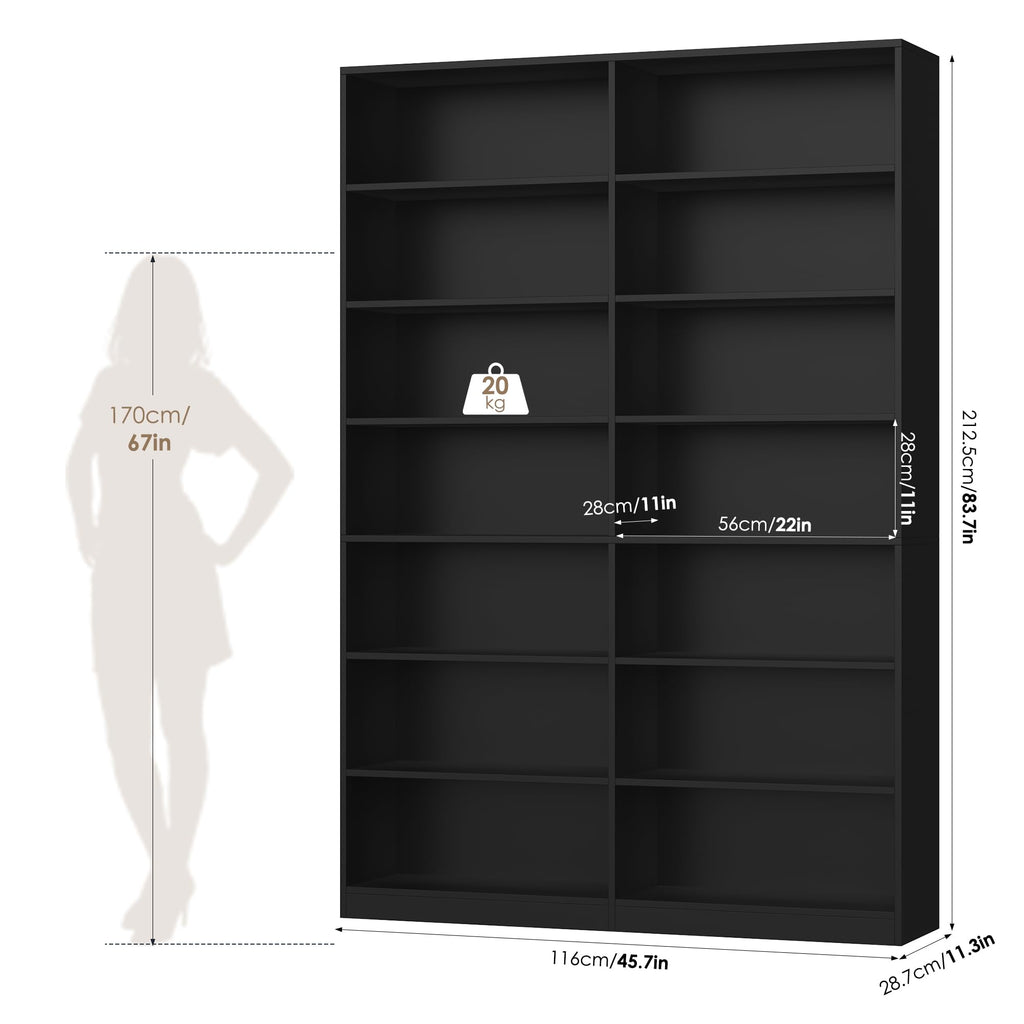 83.7" Tall 7-Tier Double Black Bookshelf and Bookcase V78595
