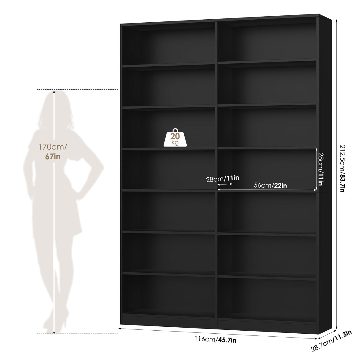 83.7" Tall 7-Tier Double Black Bookshelf and Bookcase V78595