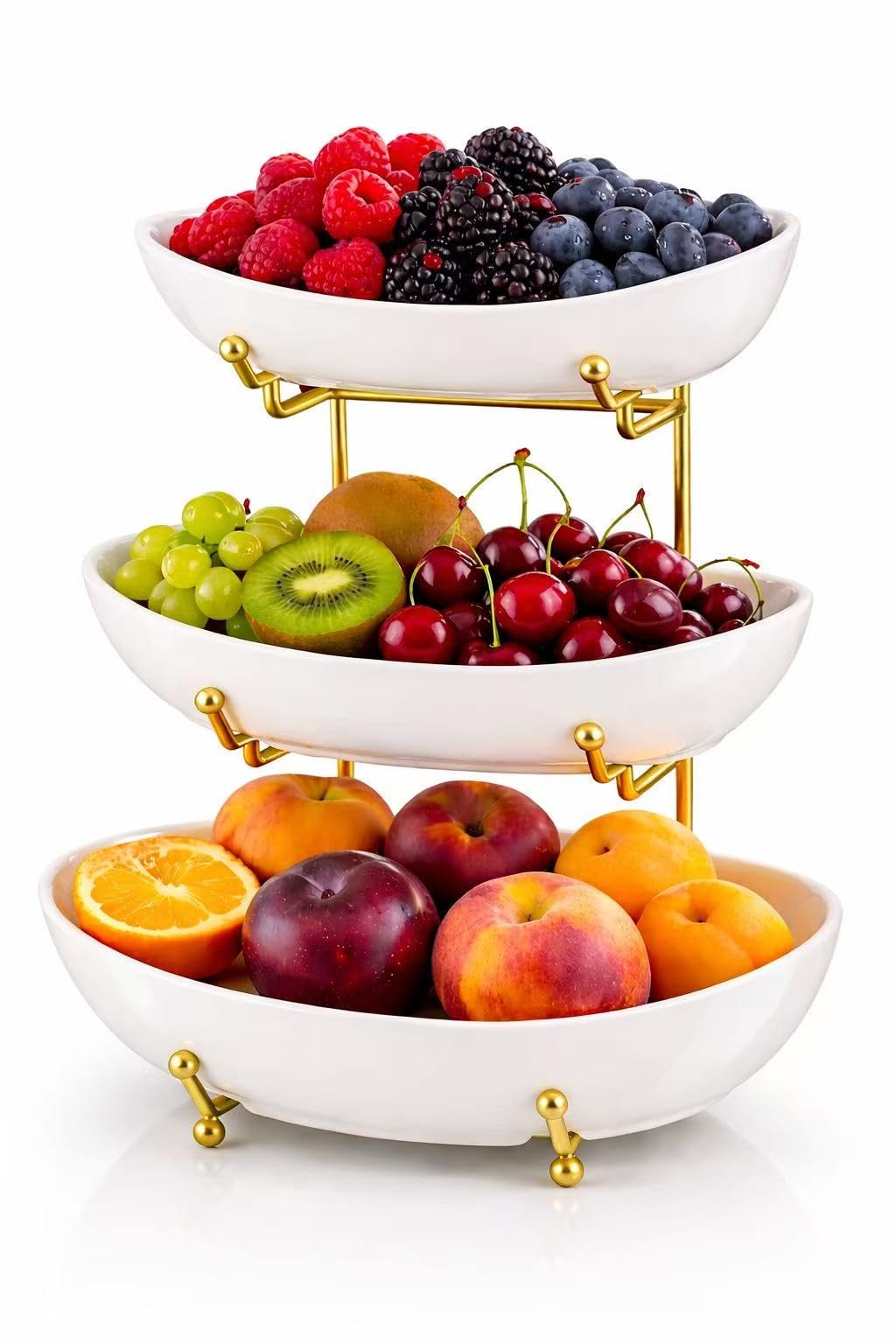 3 Tier Ceramic Fruit Basket with Gold Stand A176433