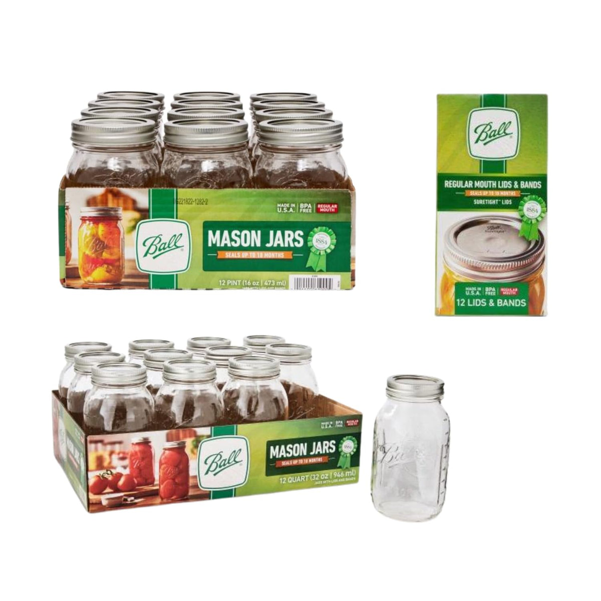 Regular Mouth Glass Mason Jars with Lids and Bands, 12 Pint 16 Ounce + 12 Quart 32 Ounce Z7895