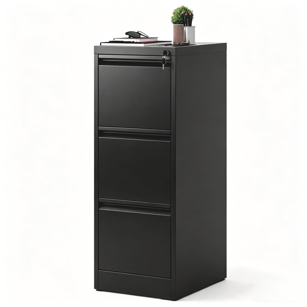 Black 3 Drawer Locking Metal Filing Cabinet D585