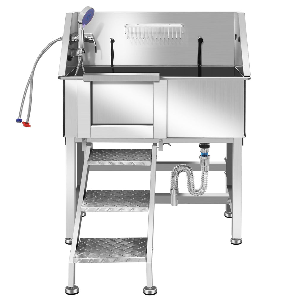 34 Inch Stainless Steel Dog Grooming Bathtub with Anti-Slip Stairs F367