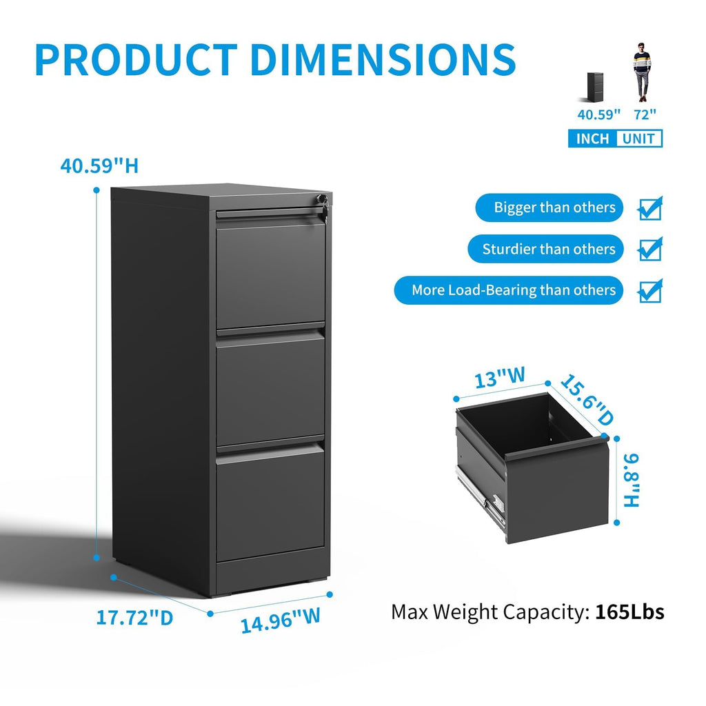 Black 3 Drawer Locking Metal Filing Cabinet D585