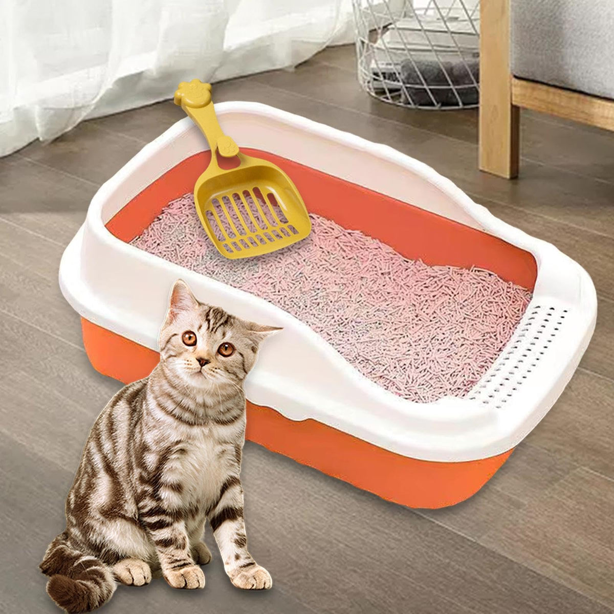 Orange Cat Litter Box with Sifting Spoon Y76840