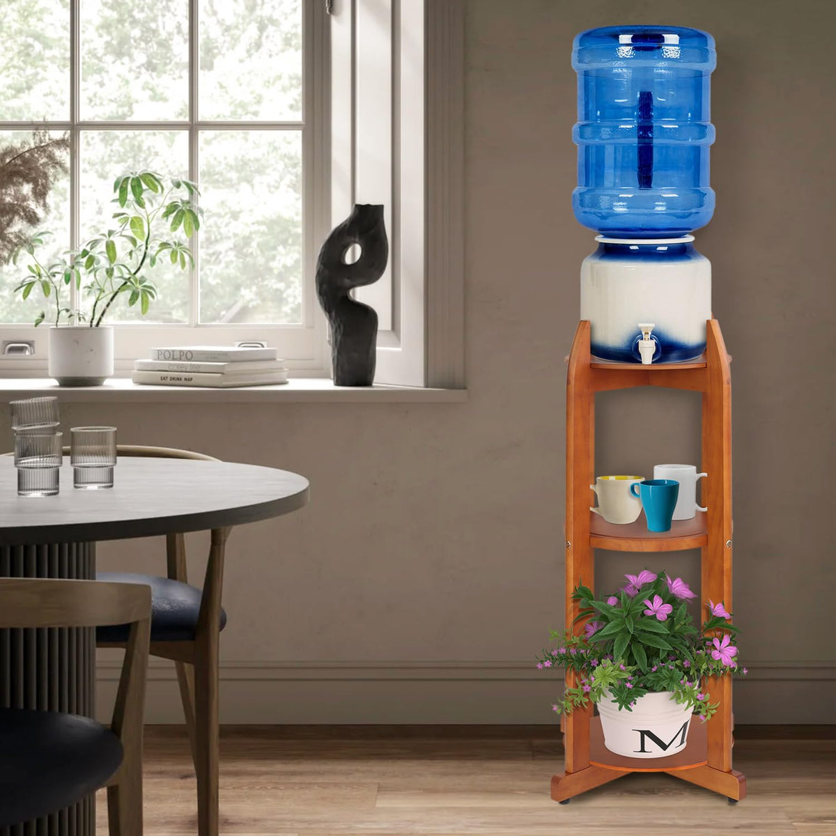 Solid Wood Water Dispenser Floor Stand with 3 Shelves E764