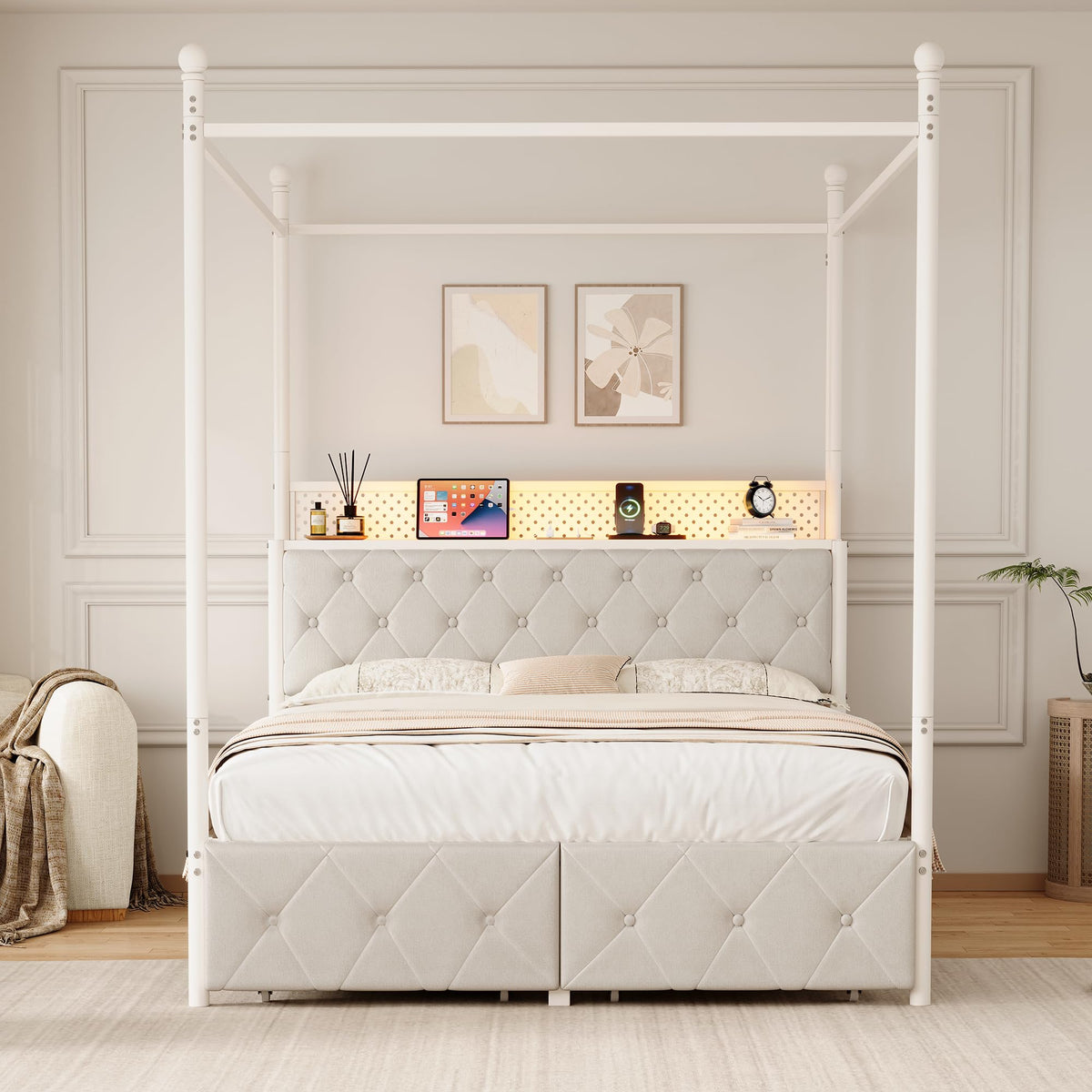 Full Size Canopy Bed Frame with Charging Station and LED Lights K971