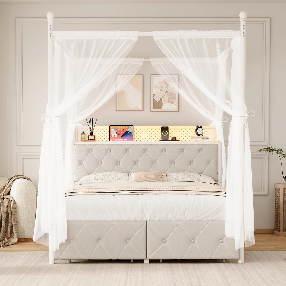 Full Size Canopy Bed Frame with Charging Station and LED Lights K971