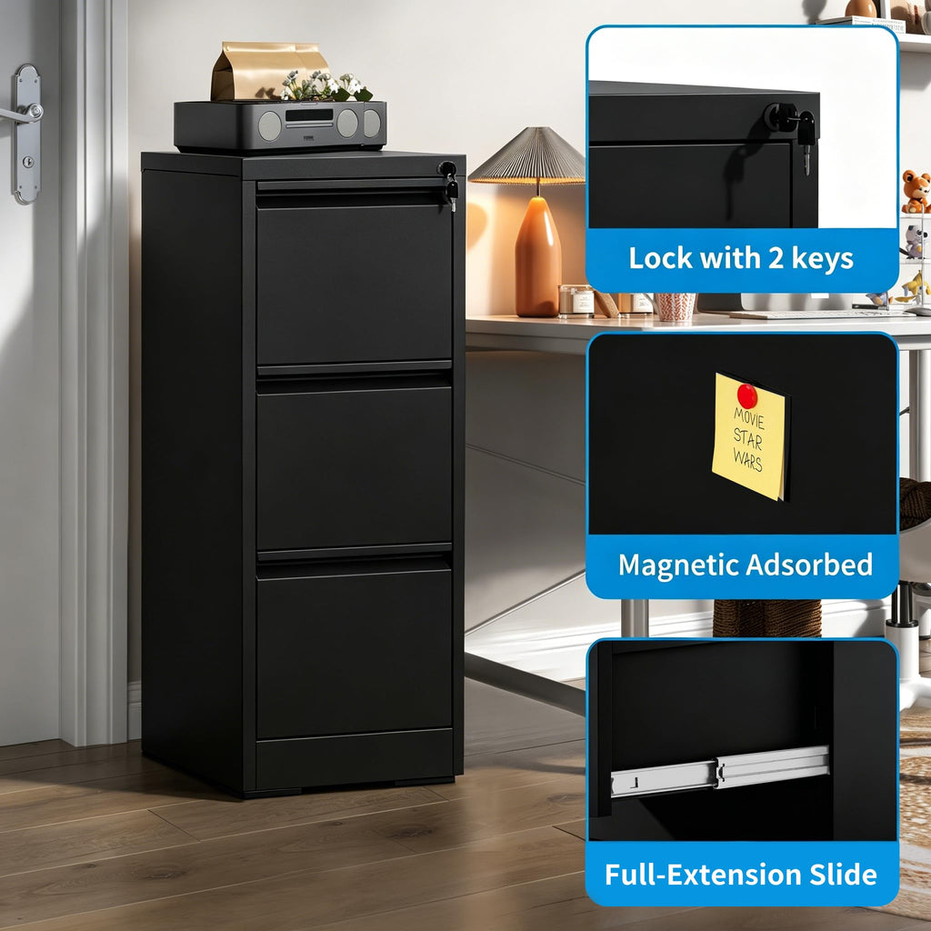Black 3 Drawer Locking Metal Filing Cabinet D585