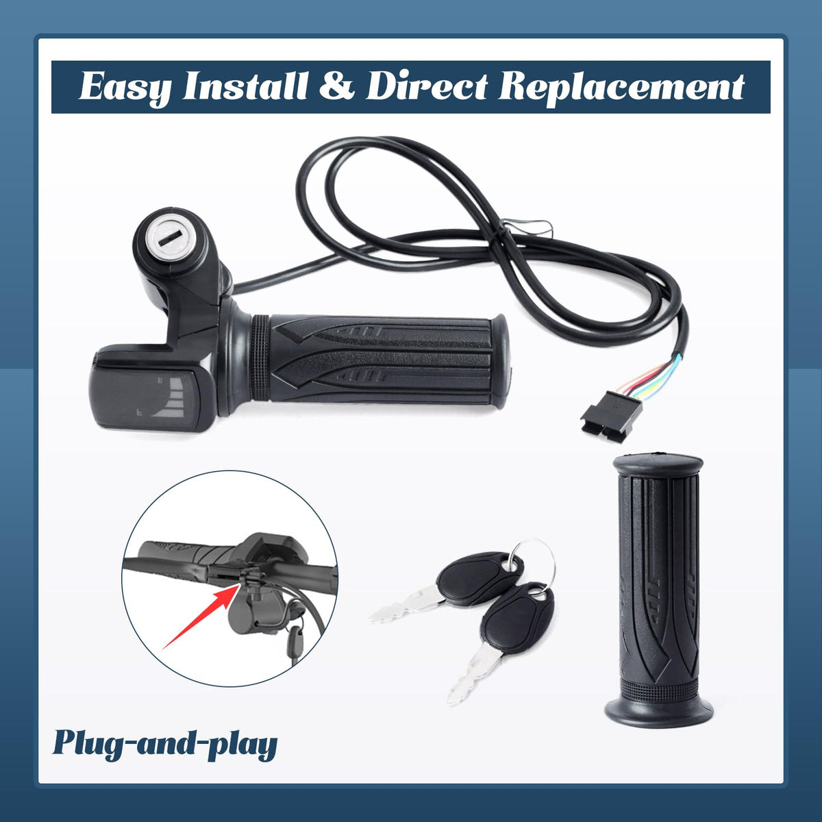 36V E-Scooter Throttle Replacement with Display Light Switch Lock 2 Keys Twist Accelerator Handle Grip 6-Pin N99969
