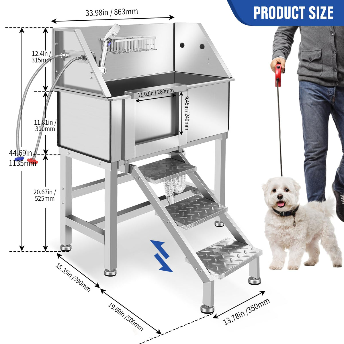 34 Inch Stainless Steel Dog Grooming Bathtub with Anti-Slip Stairs F367
