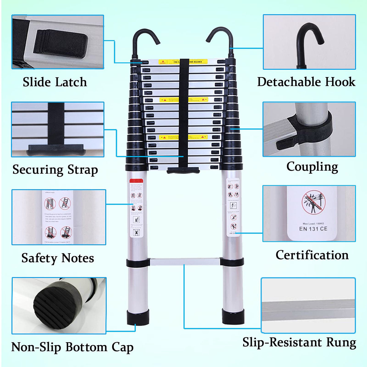 20.5FT Aluminum Telescoping Ladder with 2 Detachable Hooks T65929