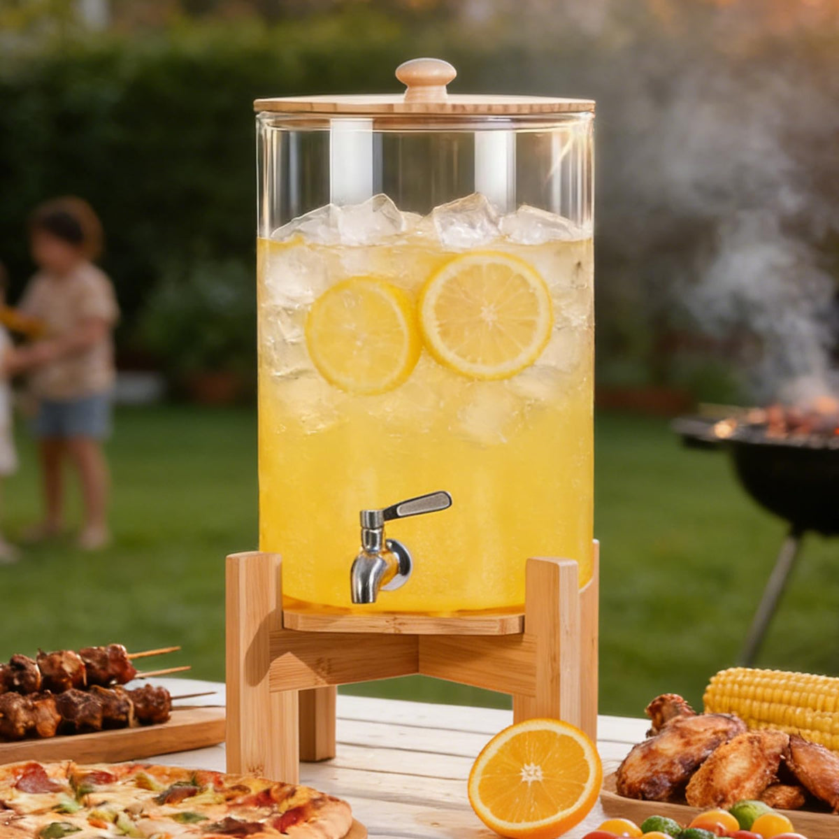 2.2 Gallon Glass Drink Dispenser with Wood Stand E53849