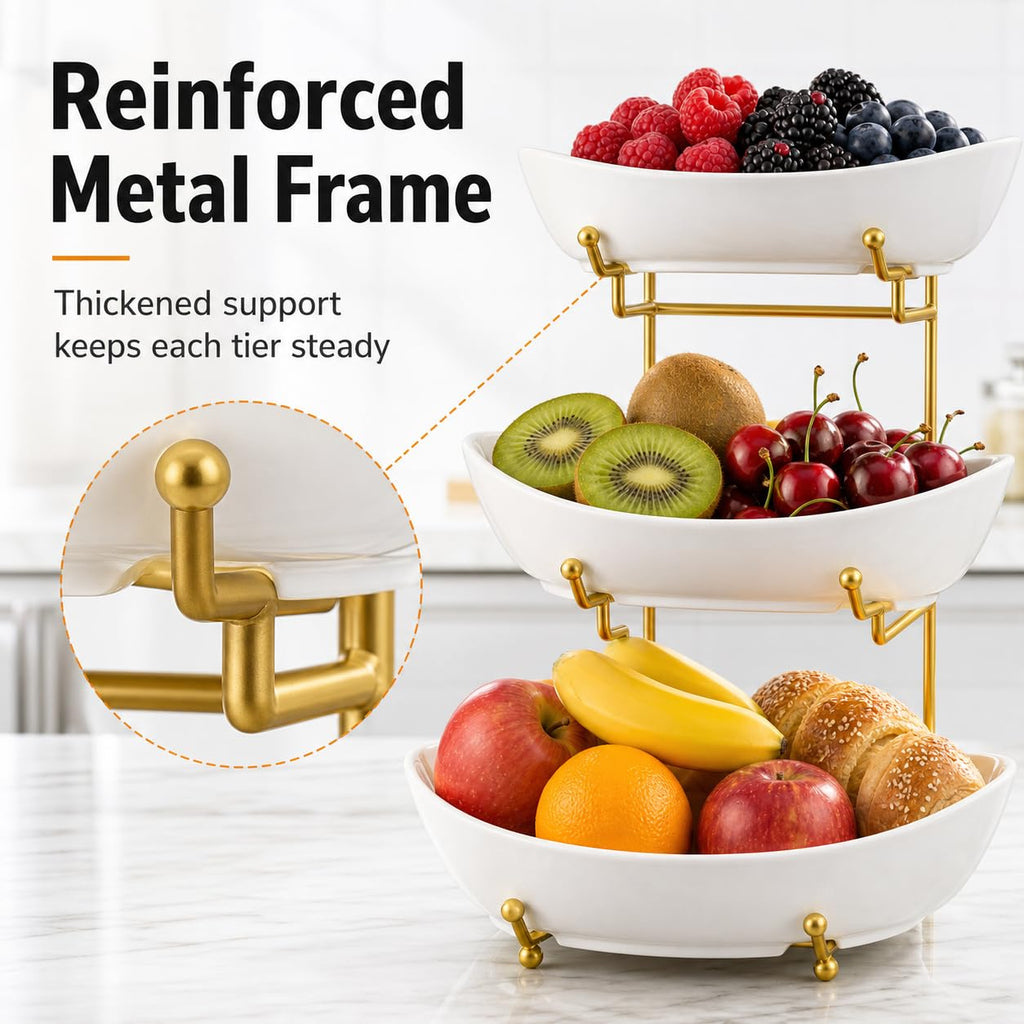 3 Tier Ceramic Fruit Basket with Gold Stand A176433