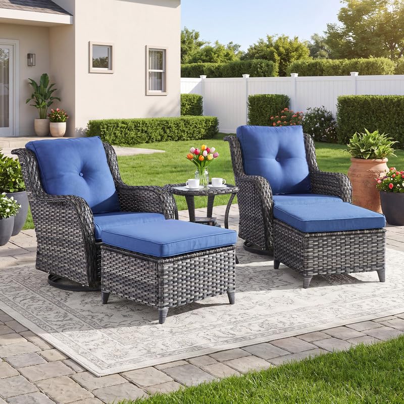 5 Pieces Outdoor Wicker Patio Furniture Set with Ottoman Blue V890542