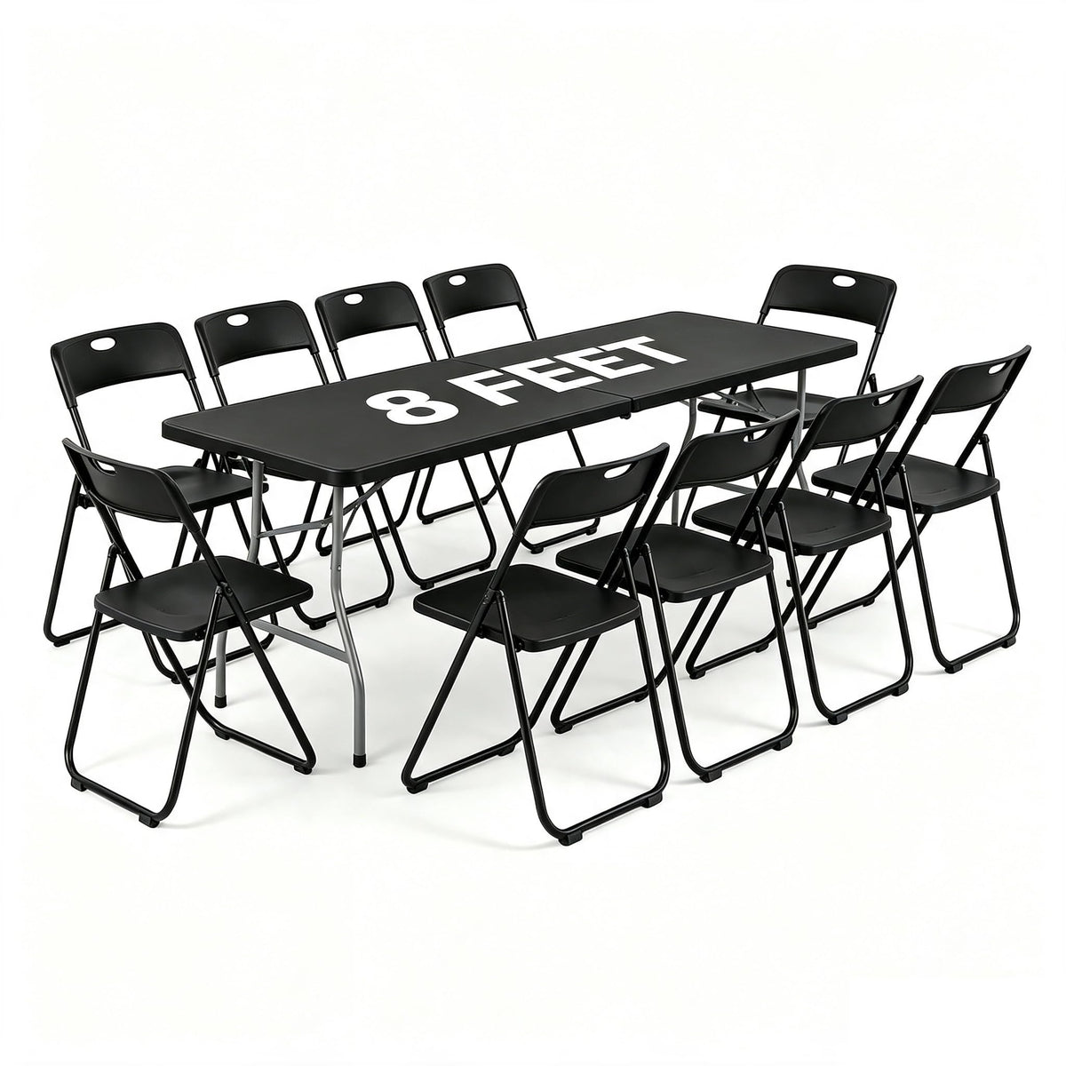 Black 8 Feet Foldable Picnic Table with 10 Folding Chairs X475