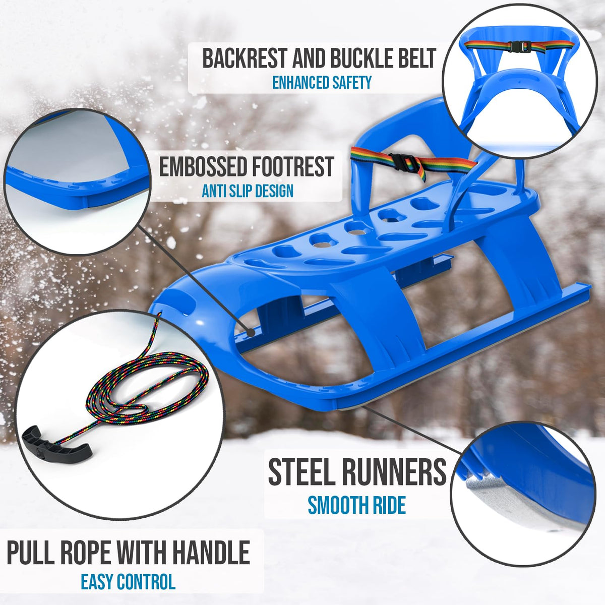 Snow Sled with Pull Rope, Backrest and Safety Belt A2616