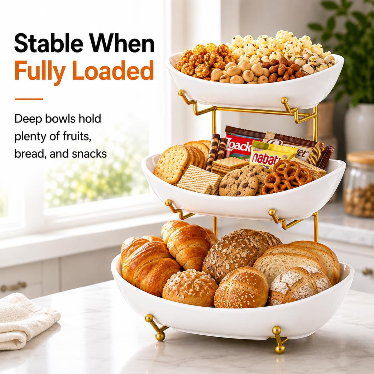 3 Tier Ceramic Fruit Basket with Gold Stand A176433