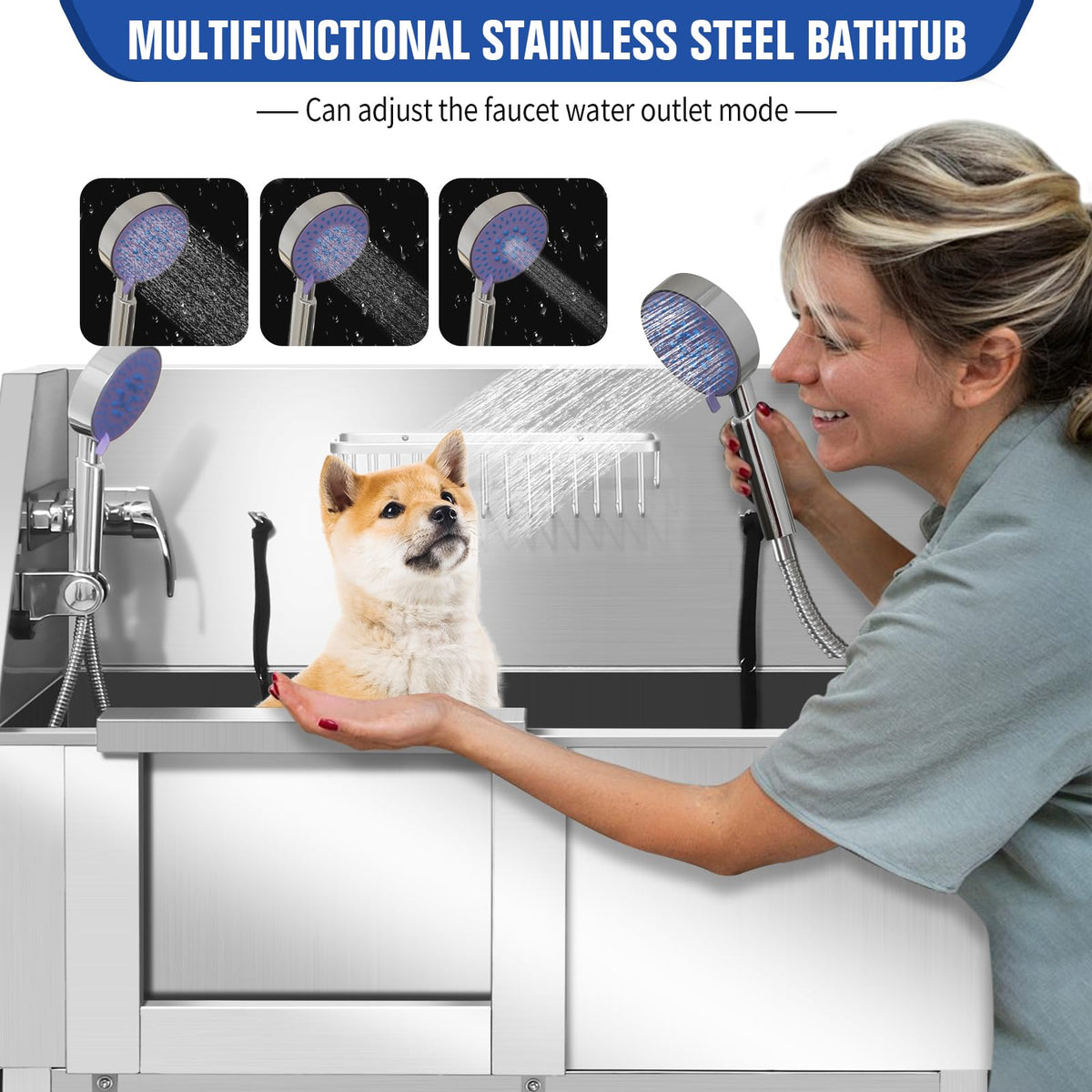 34 Inch Stainless Steel Dog Grooming Bathtub with Anti-Slip Stairs F367