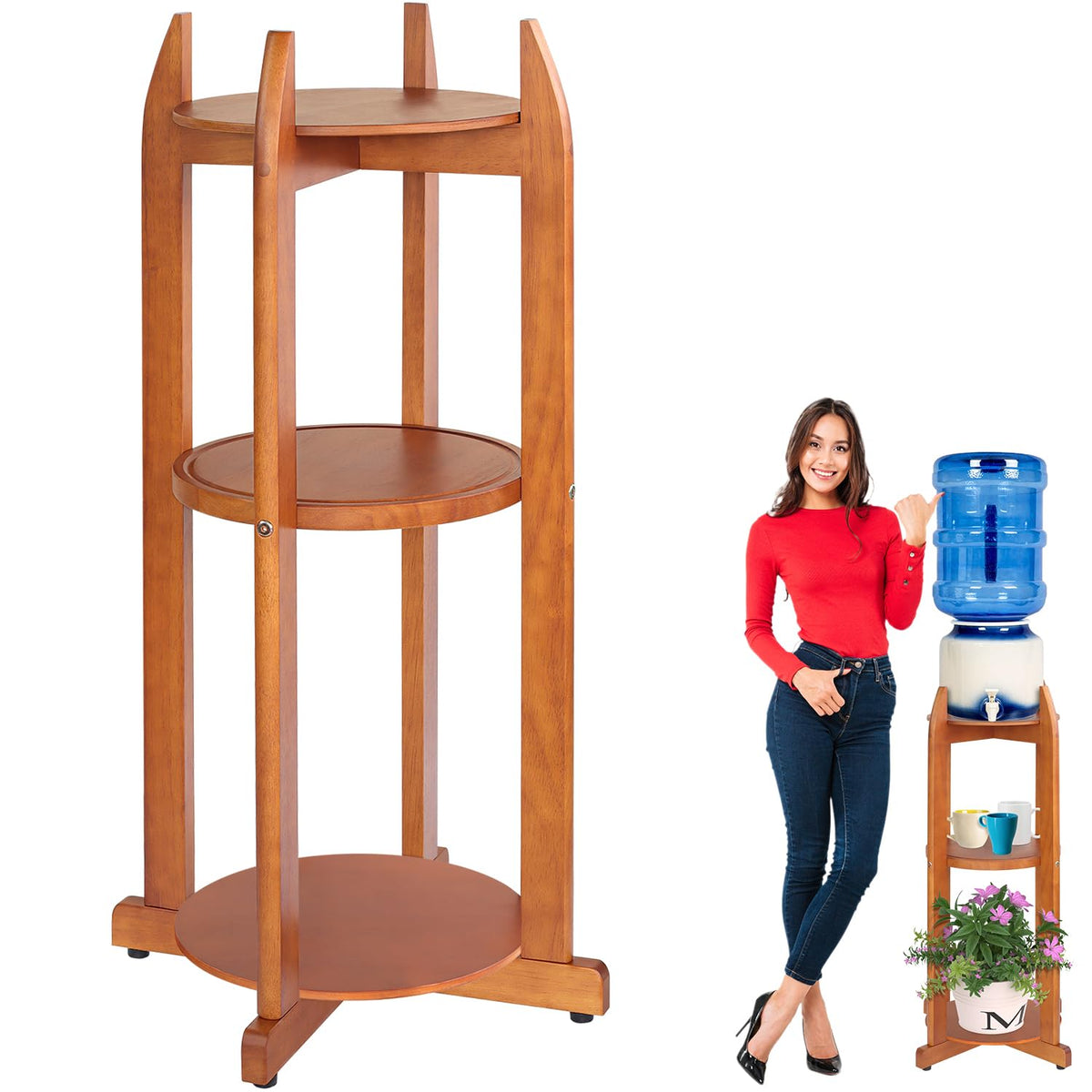 Solid Wood Water Dispenser Floor Stand with 3 Shelves E764