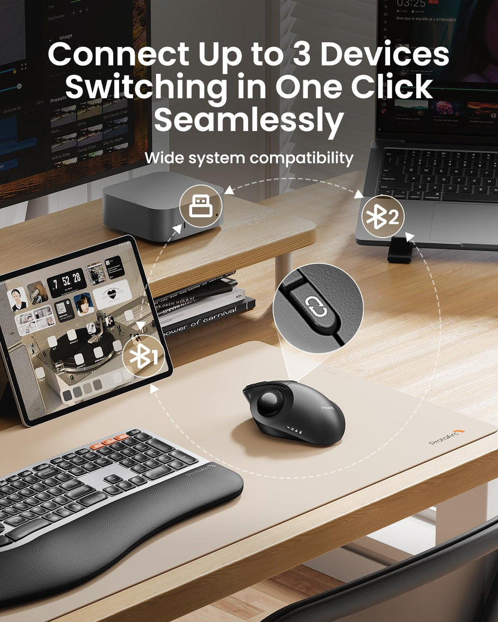 Wireless Trackball Mouse, Adjustable Angle, Gray S946556