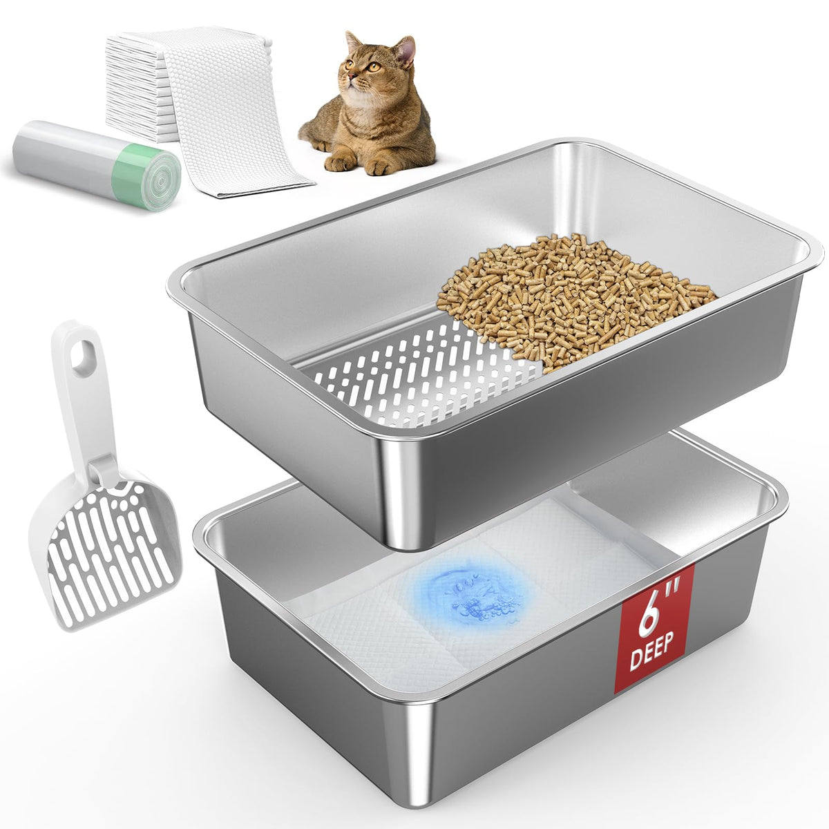 L Stainless Steel Sifting Litter Box H225