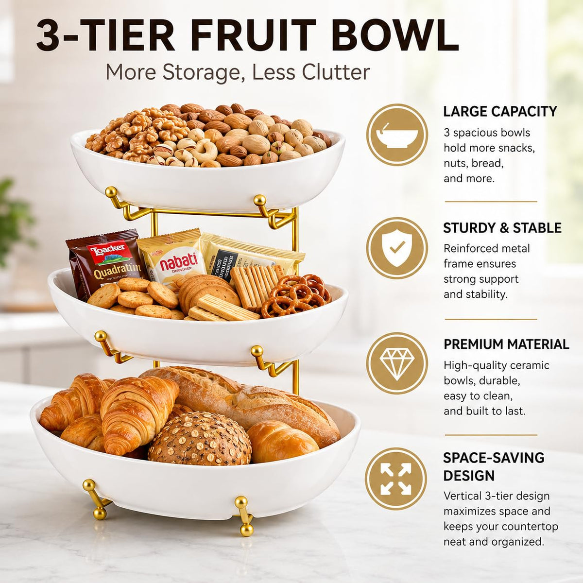 3 Tier Ceramic Fruit Basket with Gold Stand A176433