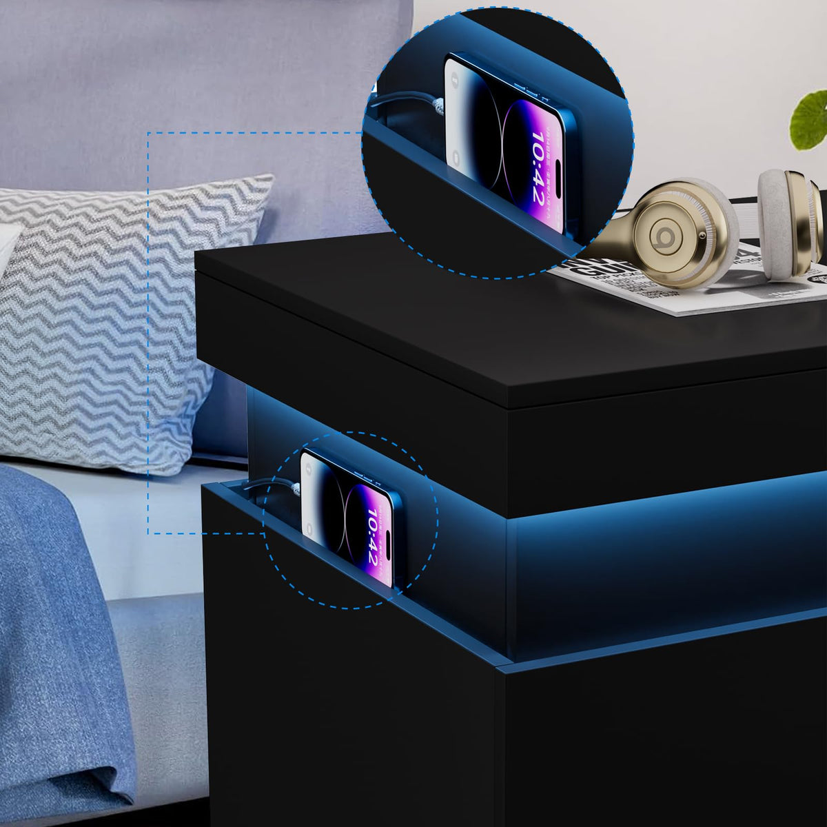 LED Smart Nightstand with Charging Station & RGB Lights K4274