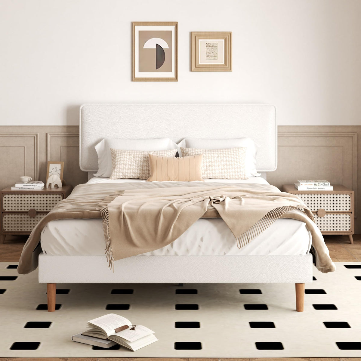 White Upholstered Bed Frame with Adjustable Headboard E946