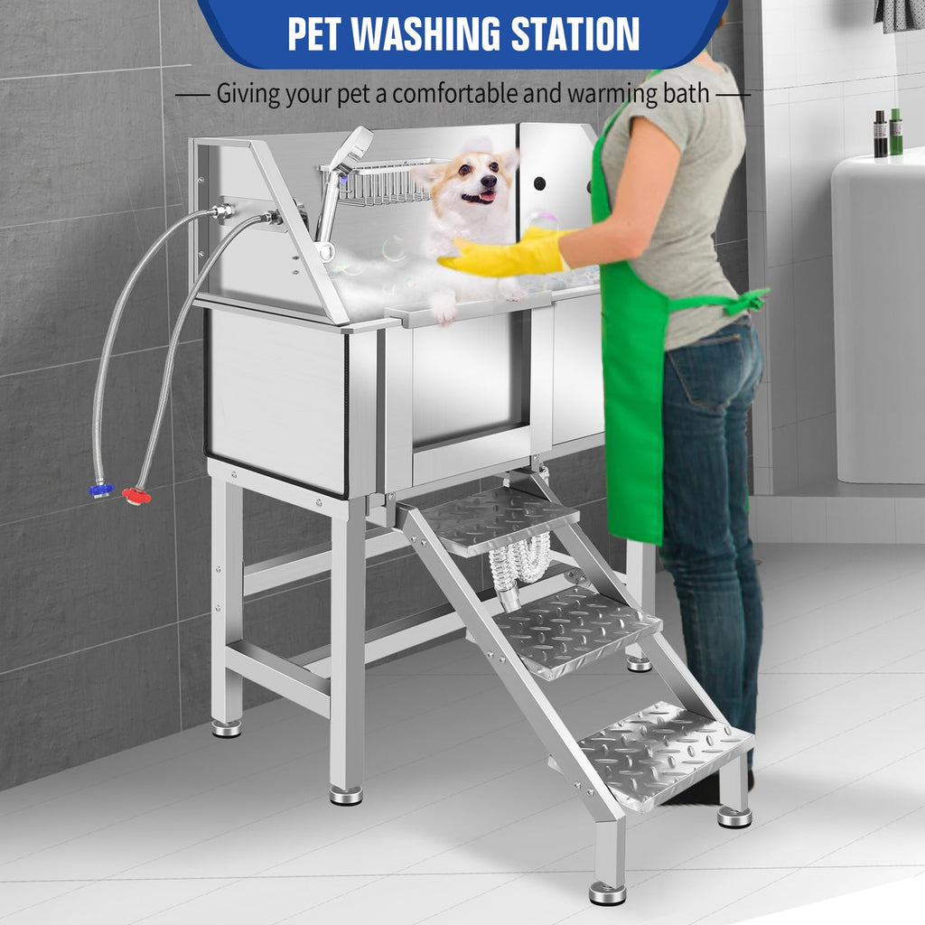 34 Inch Stainless Steel Dog Grooming Bathtub with Anti-Slip Stairs F367