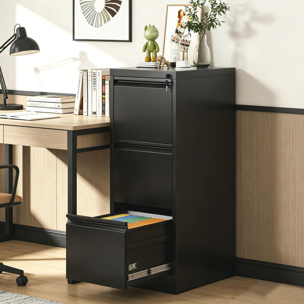 Black 3 Drawer Locking Metal Filing Cabinet D585