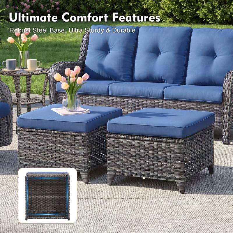 5 Pieces Outdoor Wicker Patio Furniture Set with Ottoman Blue V890542