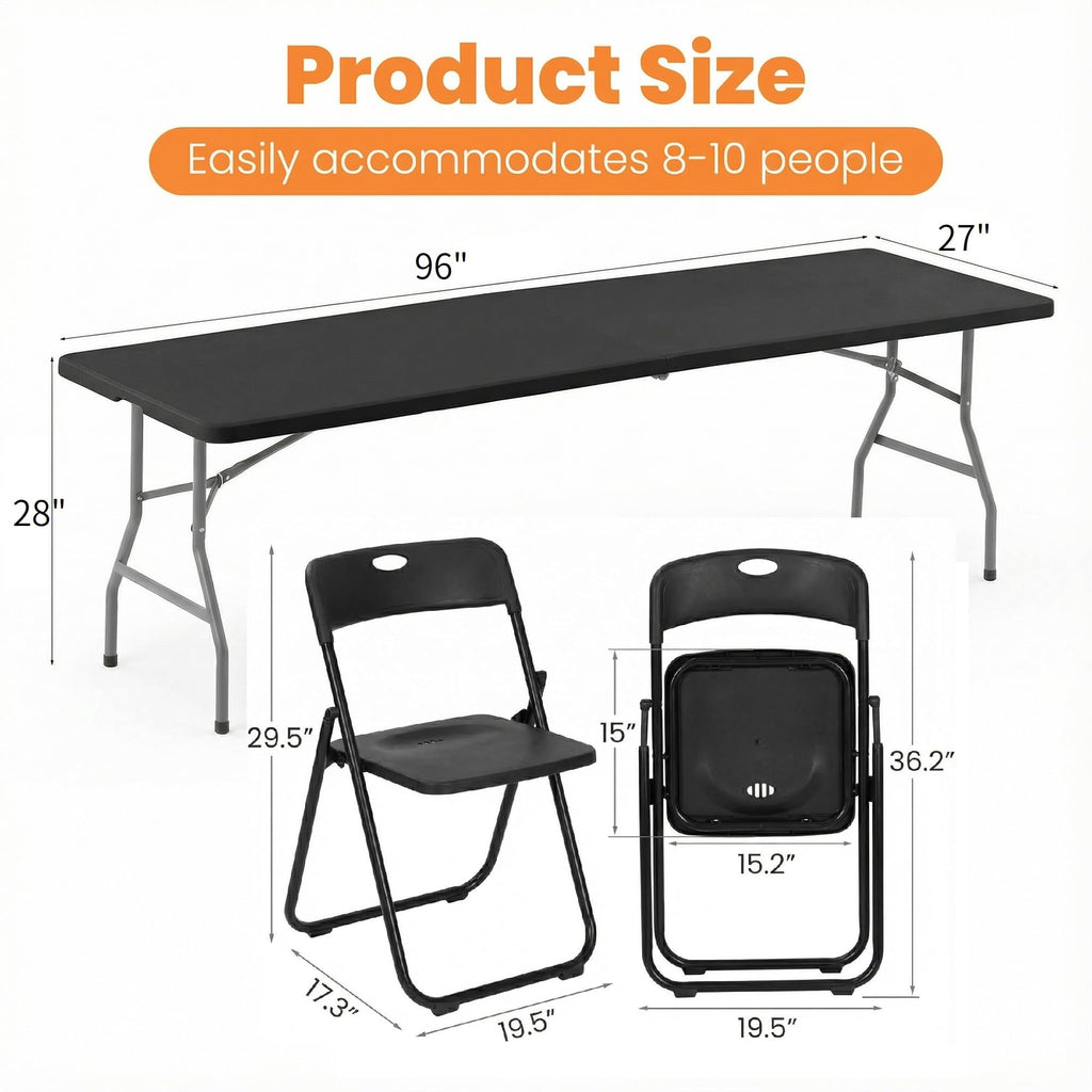 Black 8 Feet Foldable Picnic Table with 10 Folding Chairs X475
