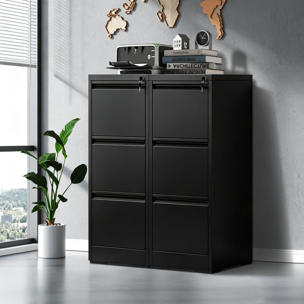 Black 3 Drawer Locking Metal Filing Cabinet D585