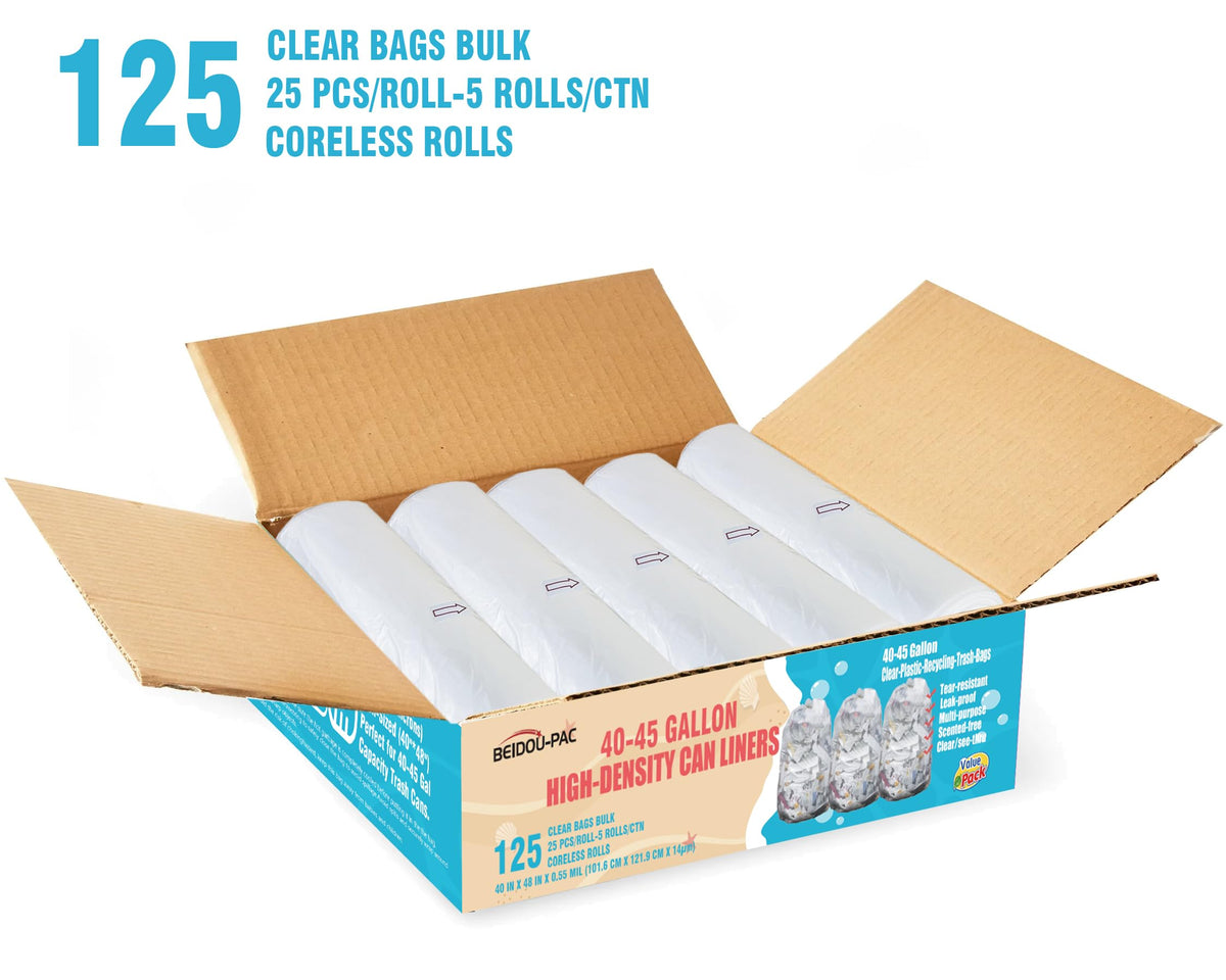 40-45 Gallon Clear Heavy Duty Plastic Trash Bags, 125 Count W11606