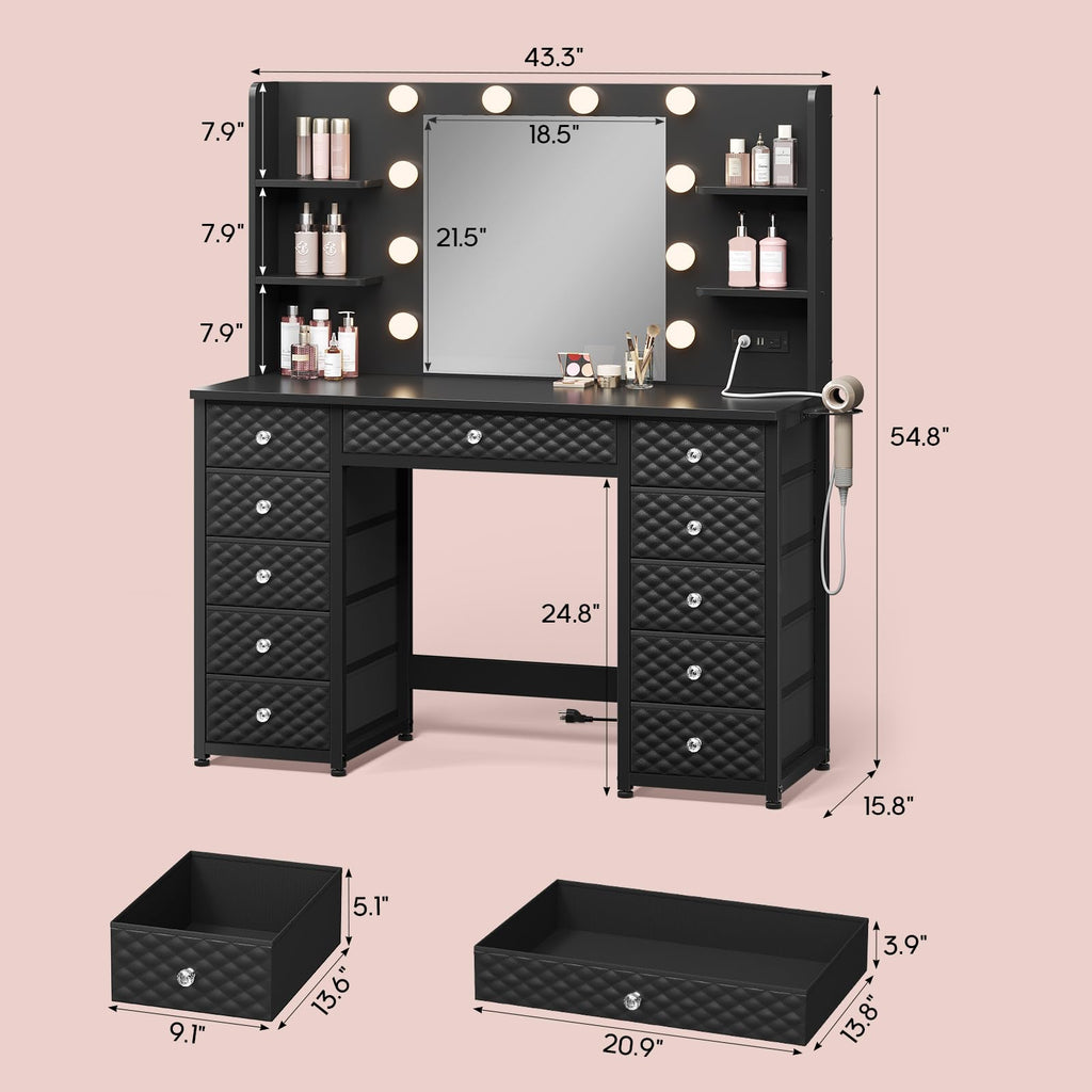 Black Vanity Desk with Mirror and Lights, 11 Drawers E890