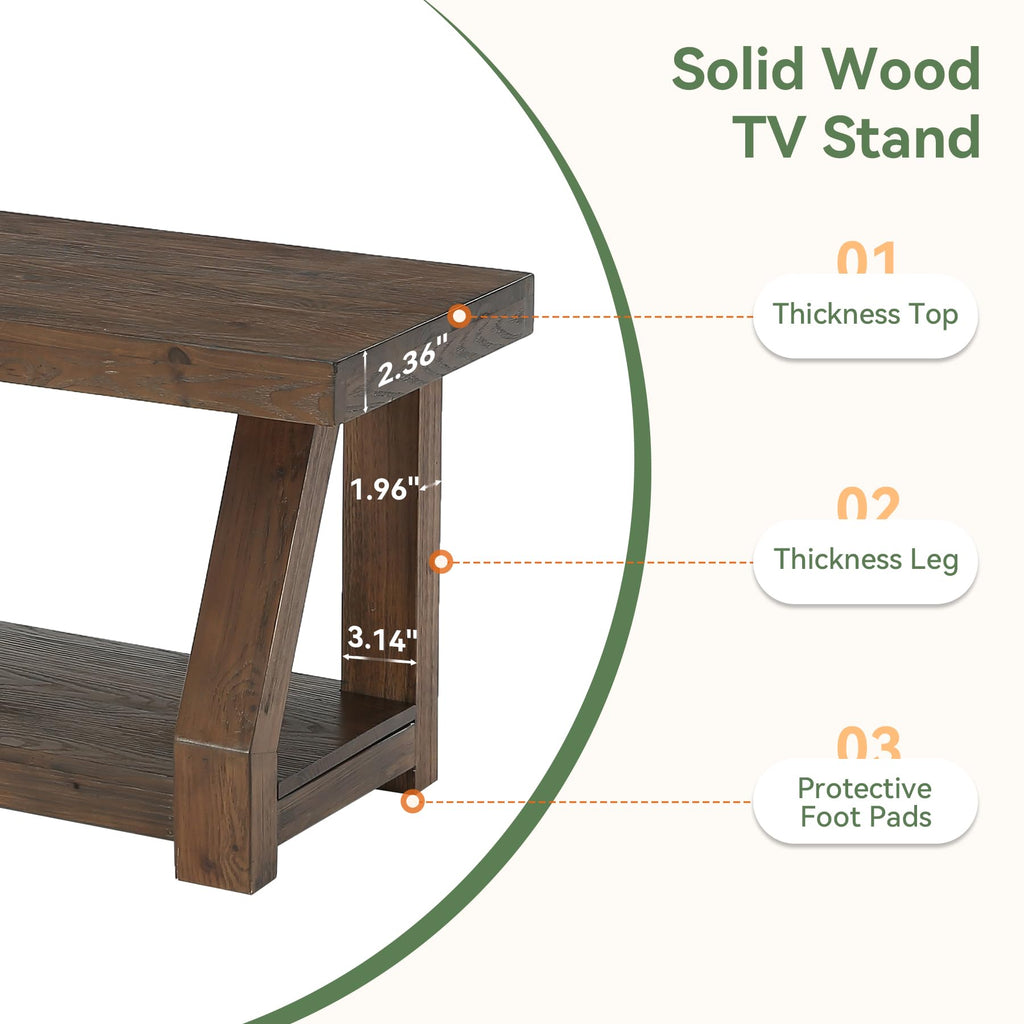 Solid Wood TV Stand, 2-Tier Media Console with Open Storage, Walnut Brown F75067