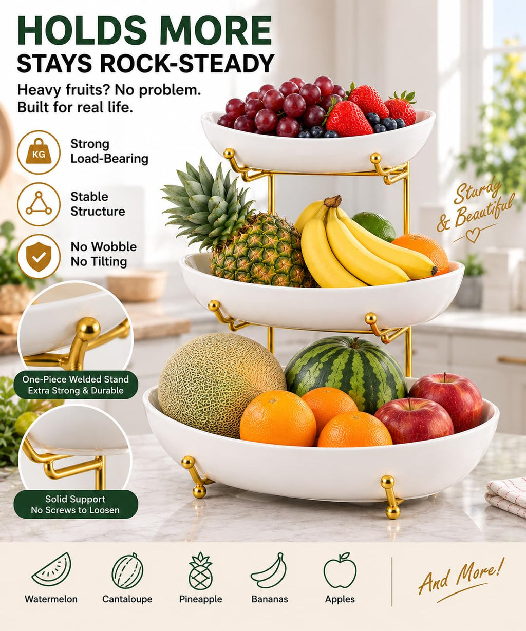 3 Tier Ceramic Fruit Basket with Gold Stand A176433
