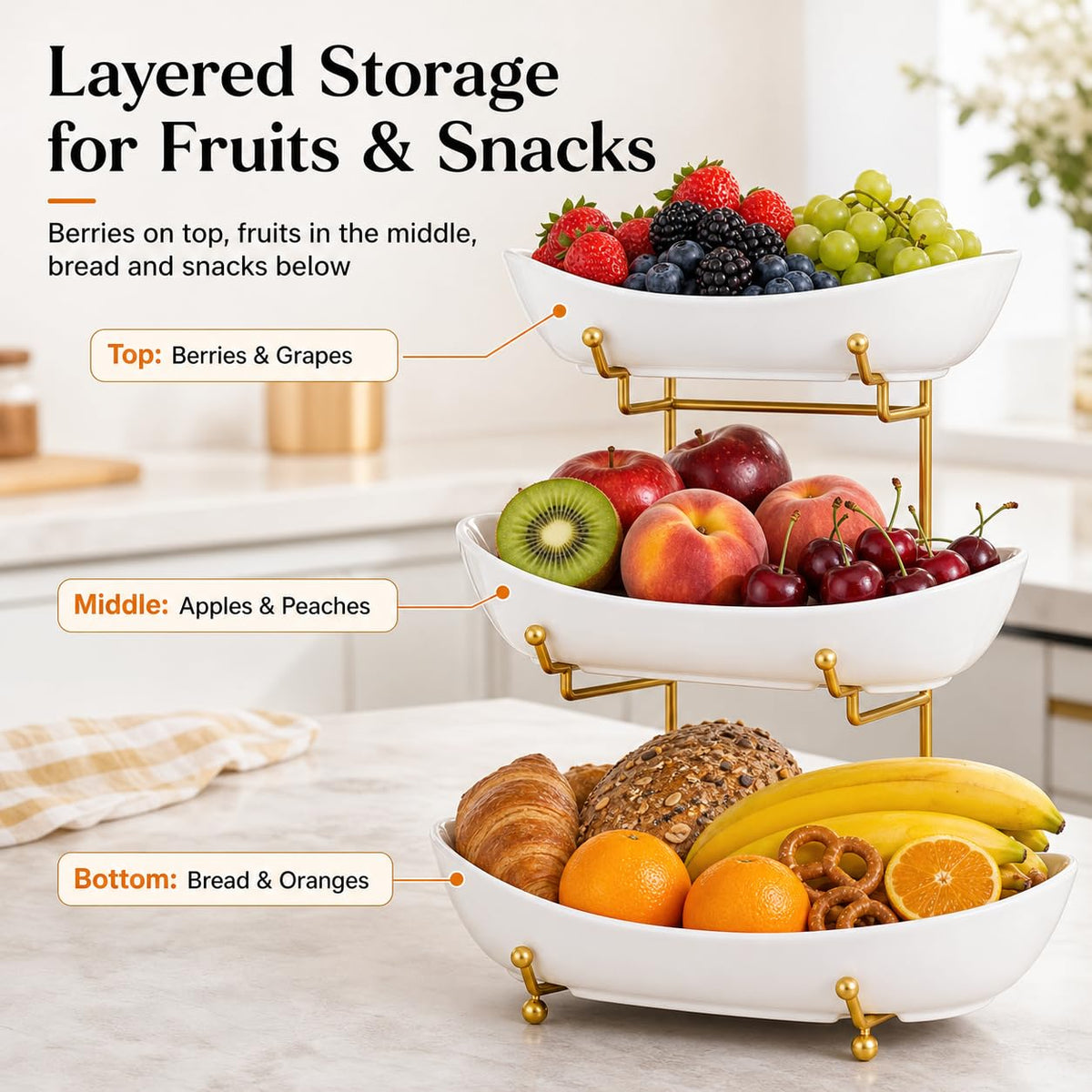 3 Tier Ceramic Fruit Basket with Gold Stand A176433