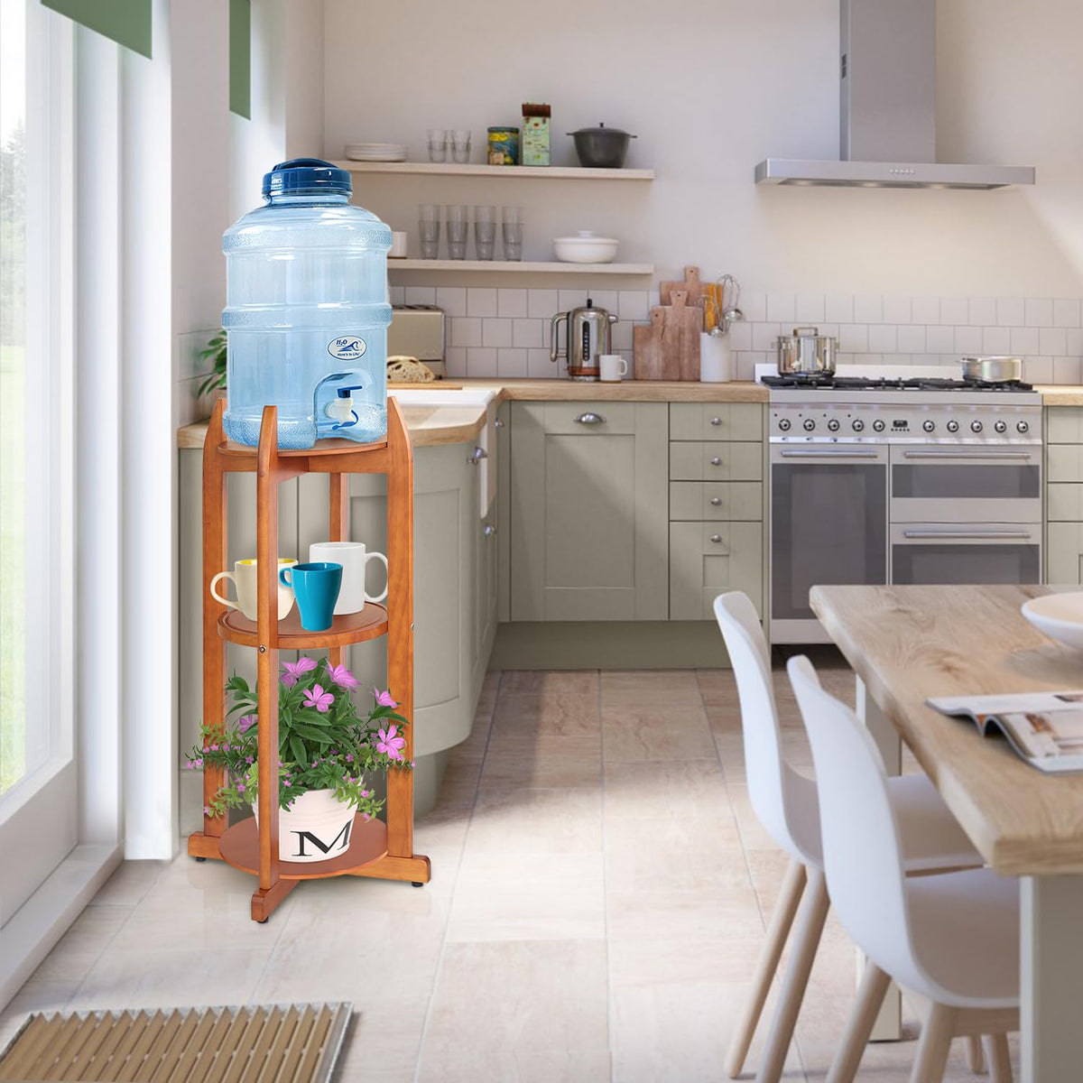 Solid Wood Water Dispenser Floor Stand with 3 Shelves E764