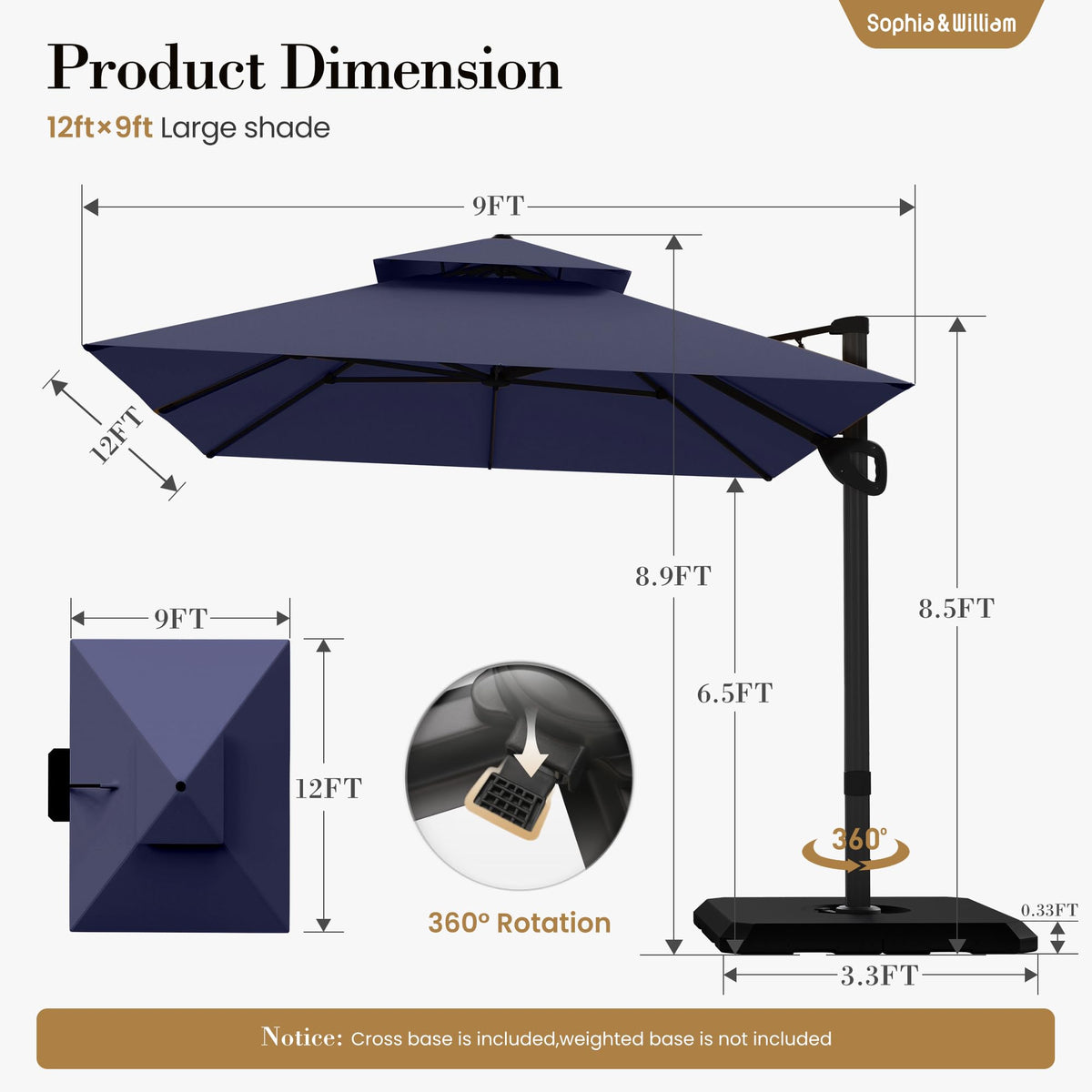12ft Cantilever Patio Umbrella with Base Q5869