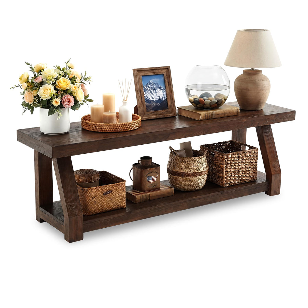 Solid Wood TV Stand, 2-Tier Media Console with Open Storage, Walnut Brown F75067