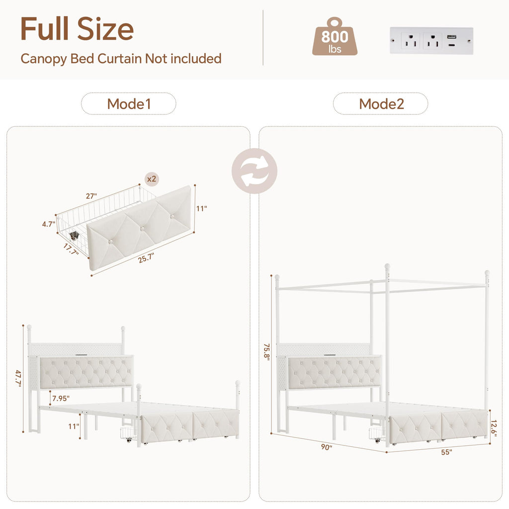 Full Size Canopy Bed Frame with Charging Station and LED Lights K971