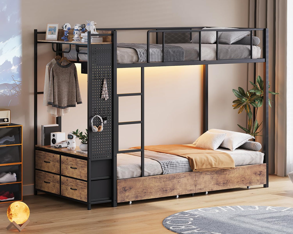 Twin Over Twin Metal Bunk Bed with Storage Drawers J7389