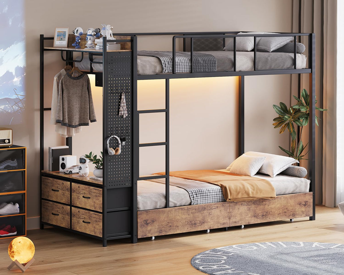 Twin Over Twin Metal Bunk Bed with Storage Drawers J7389
