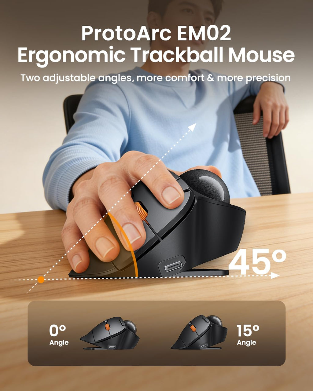 Wireless Trackball Mouse, Adjustable Angle, Gray S946556