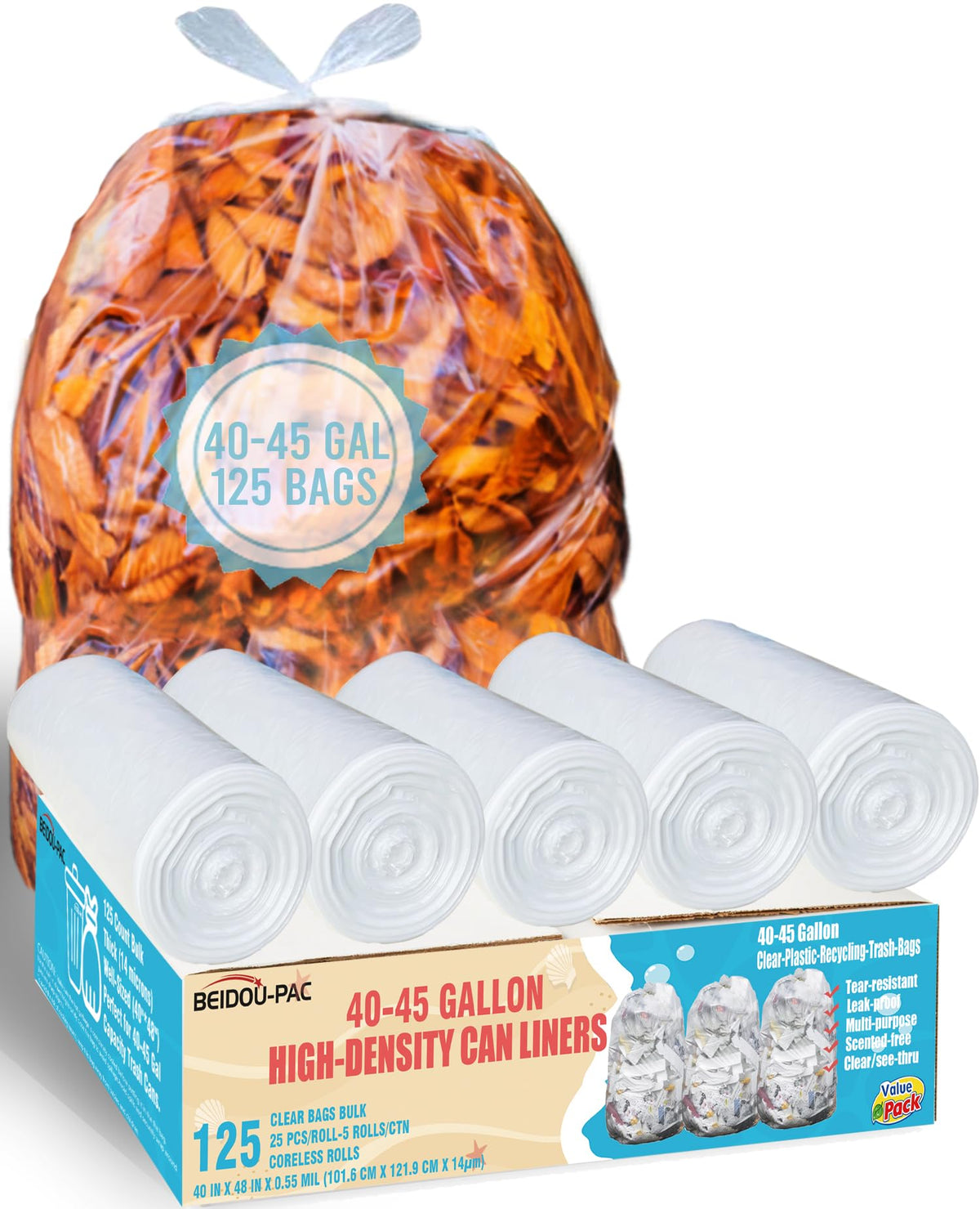 40-45 Gallon Clear Heavy Duty Plastic Trash Bags, 125 Count W11606