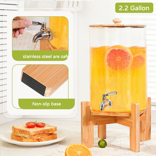 2.2 Gallon Glass Drink Dispenser with Wood Stand E53849