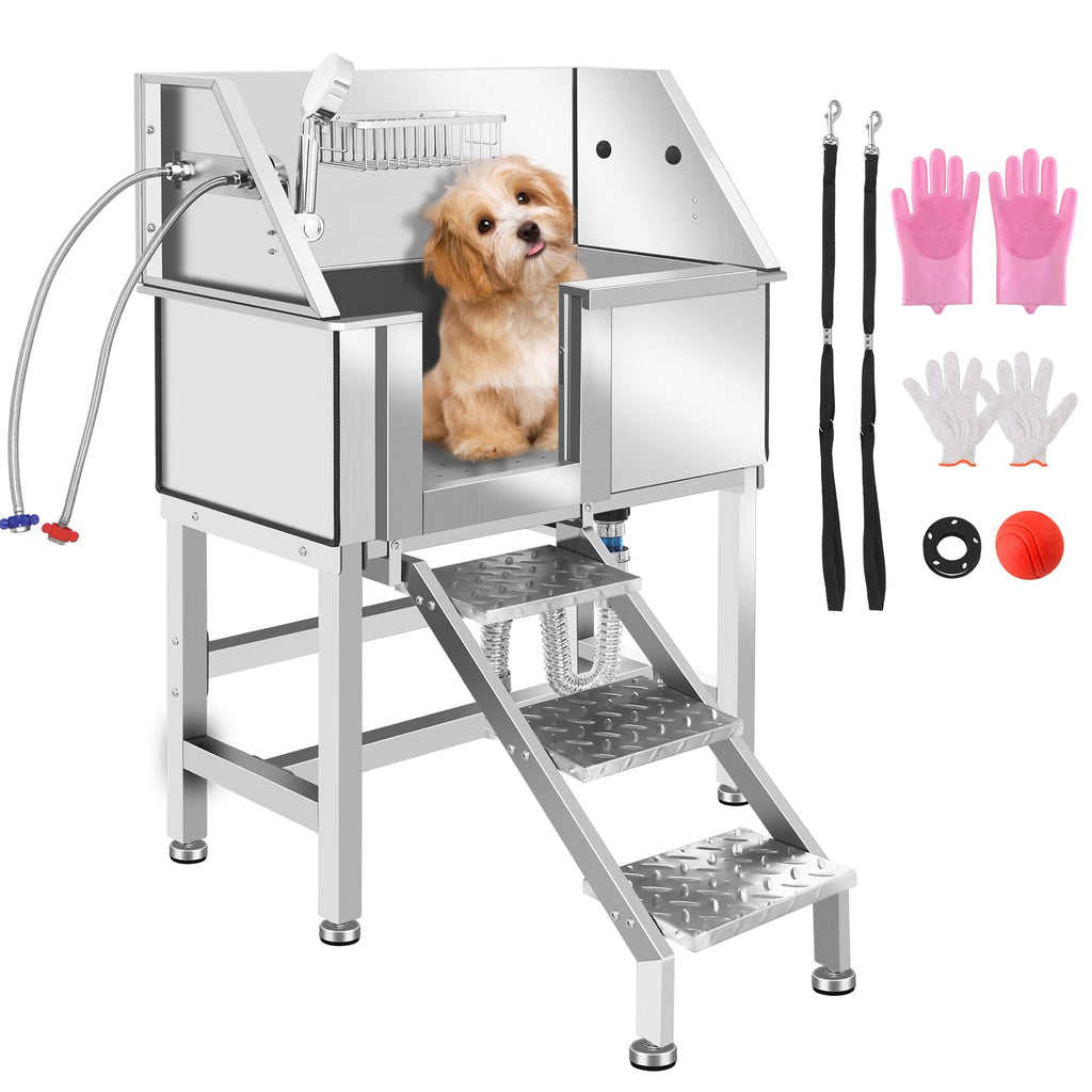 34 Inch Stainless Steel Dog Grooming Bathtub with Anti-Slip Stairs F367
