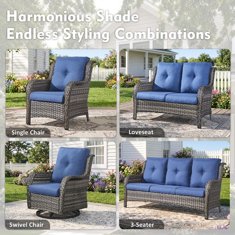 5 Pieces Outdoor Wicker Patio Furniture Set with Ottoman Blue V890542